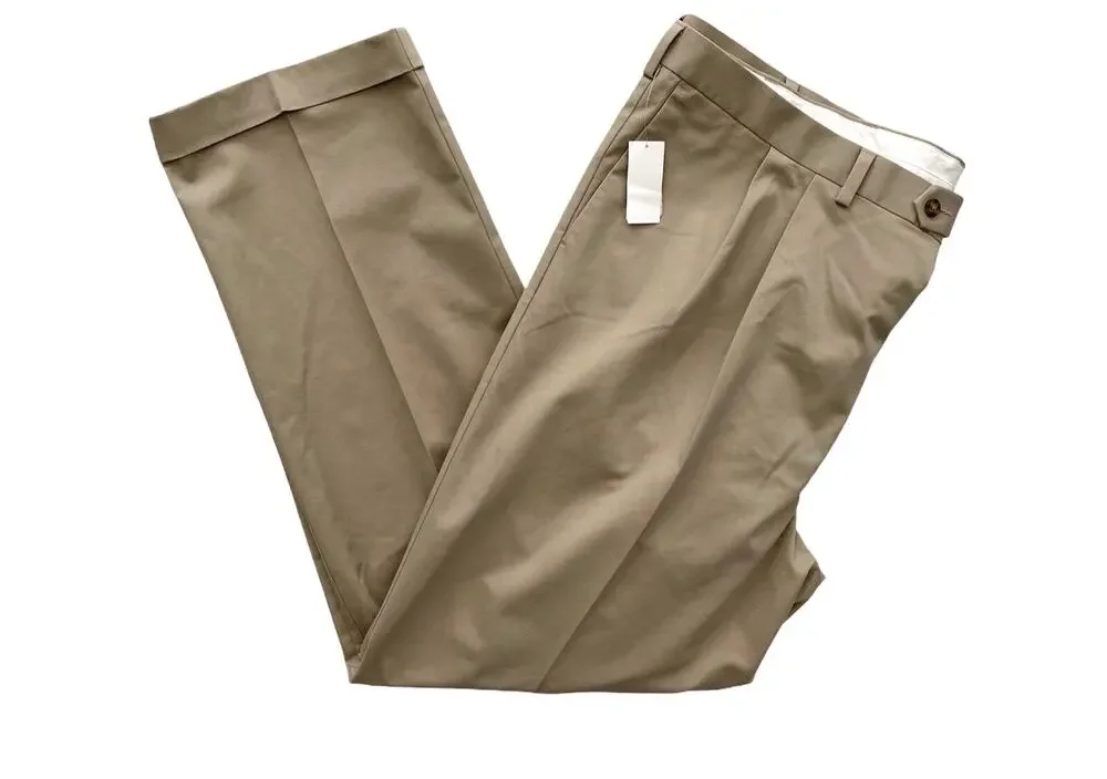 Roundtree Yorke Travel Smart Khaki Classic Fit Pleated Cuffed Pants 50 x 32